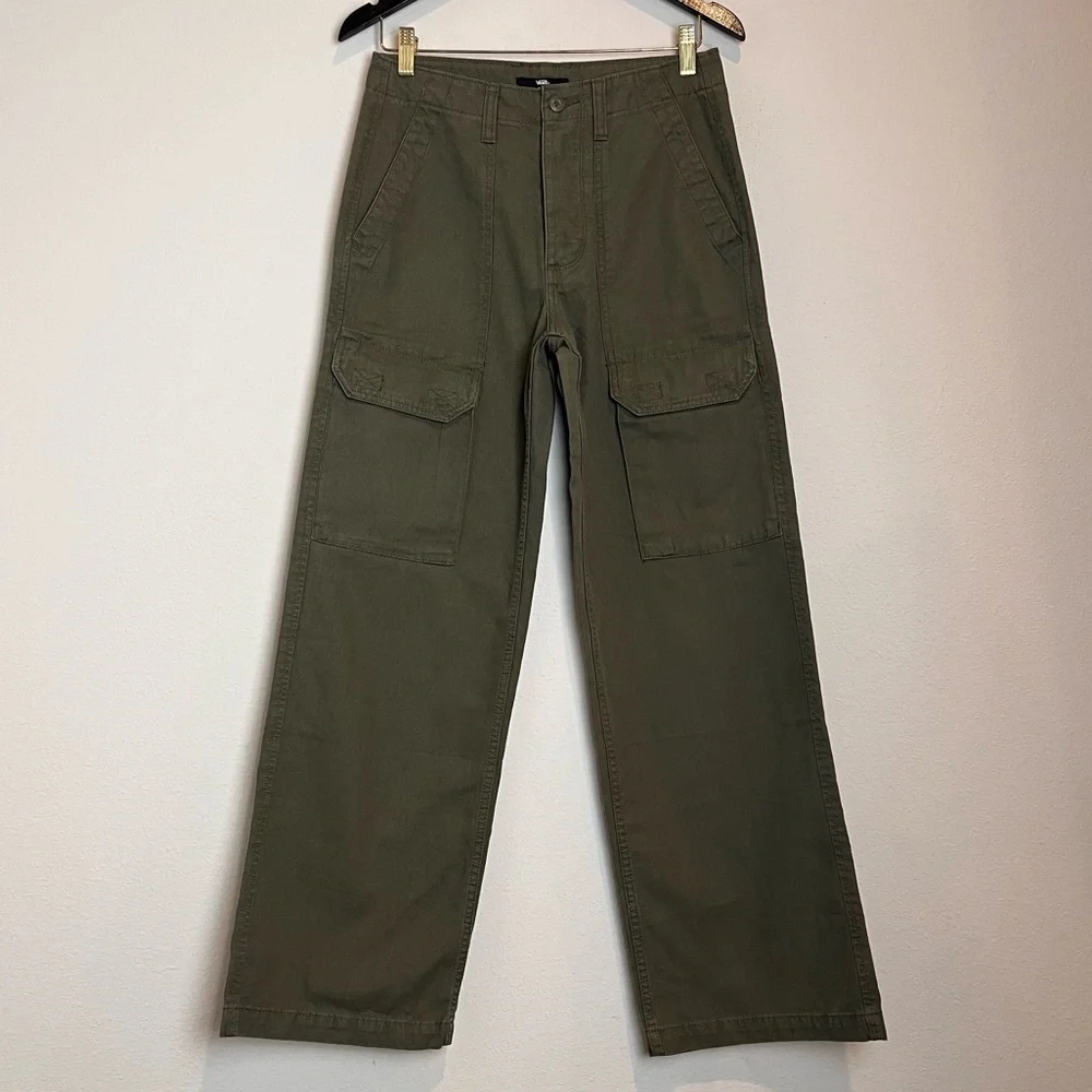 Vans Women’s Arroyo Wide Leg Cargo Pants Olive Green 100% Cotton Canvas Size 26 - Picture 2 of 9
